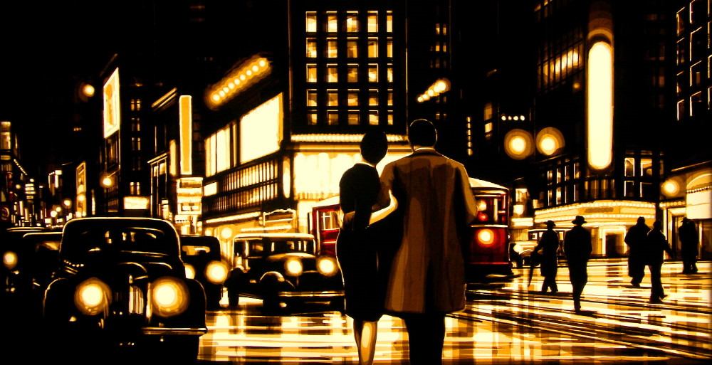 A work made of packing tape "Golden Haze" was premiered during Art Basel Miami by tape artist Max Zorn and Stick Together Gallery. The image depicts a scene at Time Square in New York City. It shows a couple  walking, mirroring lights and vintage cars in front of skyscrapers of New York at night