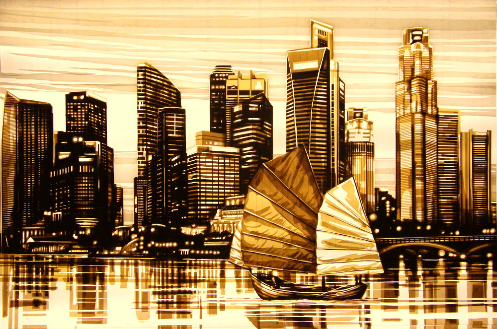 This tape artwork by Max Zorn is made with brown packing tape, depicting the skyline of Singapore, lights mirroring in the water, a boat is sailing through the harbor. All is made with packing tape by Max Zorn